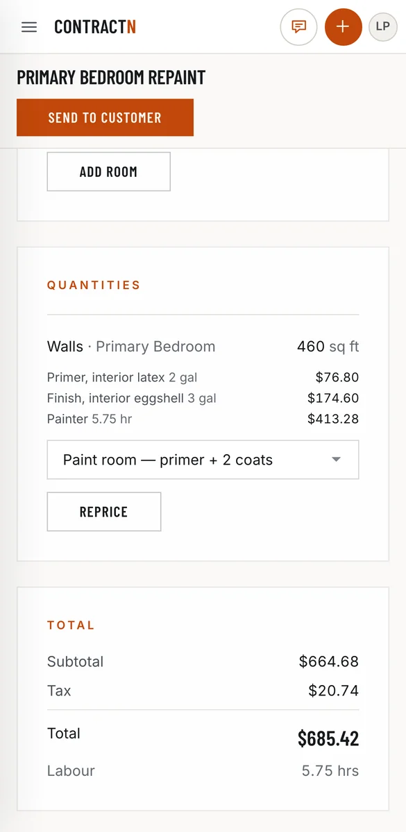The contractn estimate screen: a bedroom measured at 13 by 15 feet with a 9 foot ceiling, showing 460 square feet of wall priced line by line — primer, finish and 5.75 hours of painter — to a total of $685.42.